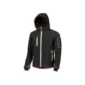 Upower Metropolis Soft Shell de Trabajo - Talla XL - Tejido Elastico Cortavientos, Transpirable, Resistente al Agua, Multiples Bolsillos, Capucha Desmontable, Proteccion DPI1 - Color Negro Carbon