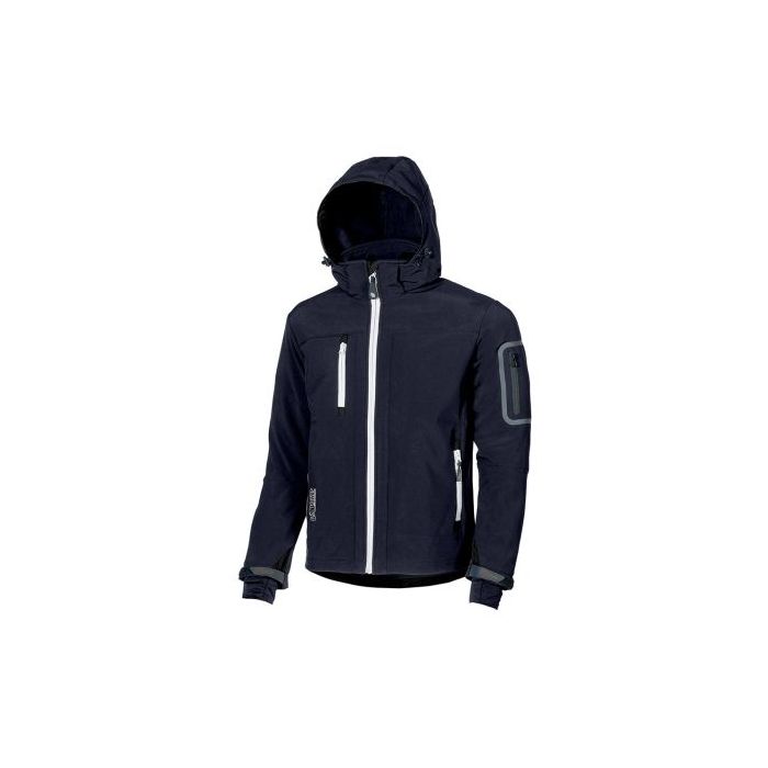 Upower Metropolis Soft Shell de Trabajo - Talla 3XL - Tejido Elastico Cortavientos, Resistente al Agua, Bolsillos Termicos, Capucha Desmontable, Proteccion DPI1, Ajuste Ergonomico - Color Azul Marino