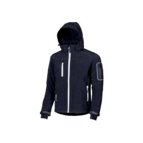 Upower Metropolis Soft Shell de Trabajo - Talla XL - Tejido Elastico Cortavientos, Transpirable, Resistente al Agua, Bolsillos Termicos, Capucha Desmontable, Proteccion DPI1 - Color Azul Marino
