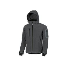 Upower Metropolis Soft Shell de Trabajo - Talla XS - Tejido Elastico Cortavientos, Transpirable, Resistente al Agua, Capucha Desmontable, Mangas Preformadas, Proteccion DPI1 - Color Gris Meteorito