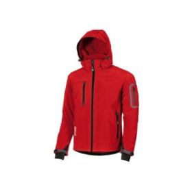 Upower Metropolis Soft Shell de Trabajo - Talla L - Tejido Elastico Cortavientos, Transpirable, Resistente al Agua, Multiples Bolsillos Funcionales, Capucha Desmontable, Proteccion DPI1 - Color Rojo Magma