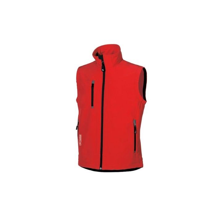 Upower Climb Chaleco de Trabajo Soft Shell - Talla L - Tejido Elastico Transpirable, Resistente al Viento y Agua, Bolsillo para Movil con Cremallera, Proteccion DPI1 - Color Rojo Magma