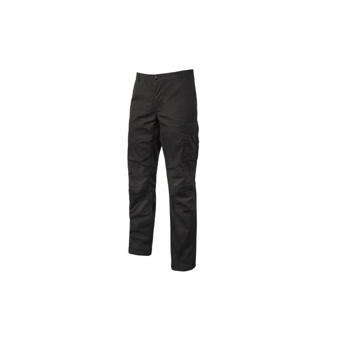 Upower Ocean Pantalon de Trabajo en Algodon Elastico - Talla L - Multiples Bolsillos Estrategicos, Cierre con Cremallera y Boton Resistente, Doble Refuerzo, Cinta Reflex, Ajuste Slim Fit, Proteccion DPI1 - Color Negro Carbon