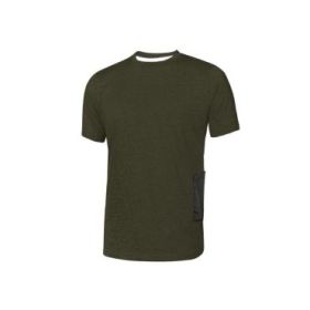 Upower Road Camiseta de Manga Corta en Polycotton Jersey - Talla M - Slim-Fit, Cuello Acanalado Elastico, Bolsillo para Celular, Cinta Reflex, Proteccion DPI1 - Color Verde Oscuro