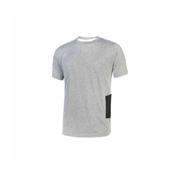 Upower Road Camiseta de Manga Corta en Polycotton Jersey - Talla XL - Slim-Fit, Cuello Acanalado Elastico, Bolsillo para Celular, Cinta Reflex, Proteccion DPI1 - Color Gris Plateado