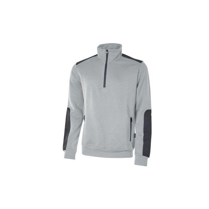 Upower Cushy Sudadera Cepillada con Media Cremallera - Talla 4XL - Cuello Alto, Bolsillos Laterales con Cremallera, Refuerzos Antidesgaste, Insertos Reflectantes - Color Gris Plateado