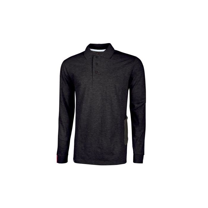 Upower Live Polo de Manga Larga - Talla M - Algodon Pique, Corte Ajustado, Bolsillo con Tachuela Barra Roja, Cinta Reflex, Proteccion DPI1 - Color Negro Carbon