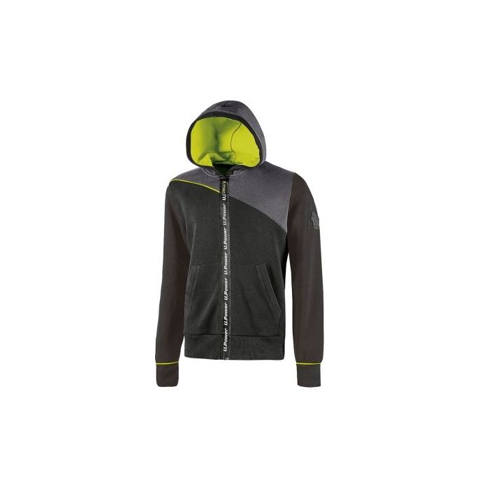 Upower Jupiter Sudadera de Trabajo - Talla L - Cremallera Impermeable, Capucha Ajustable, Bolsillos Practicos, Piping Fluo Elastico, Proteccion DPI1 - Color Negro Carbon
