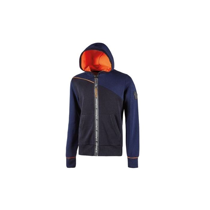 Upower Jupiter Sudadera de Trabajo - Talla 2XL - Cremallera Impermeable, Capucha Ajustable, Bolsillos Practicos, Piping Fluo, Puños Elasticos, Proteccion DPI1 - Color Azul Marino