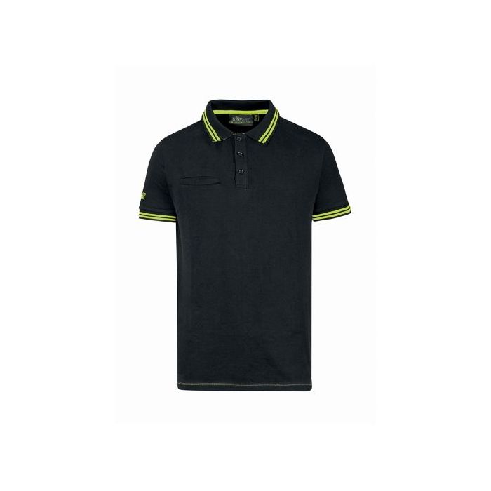 Upower Way Polo Hombre Manga Corta - Talla L - Algodon Stretch, Ajuste Slim Fit, Ribetes en Contraste, Cierre Tres Botones, Aberturas Laterales, Proteccion DPI1 - Color Negro Carbon