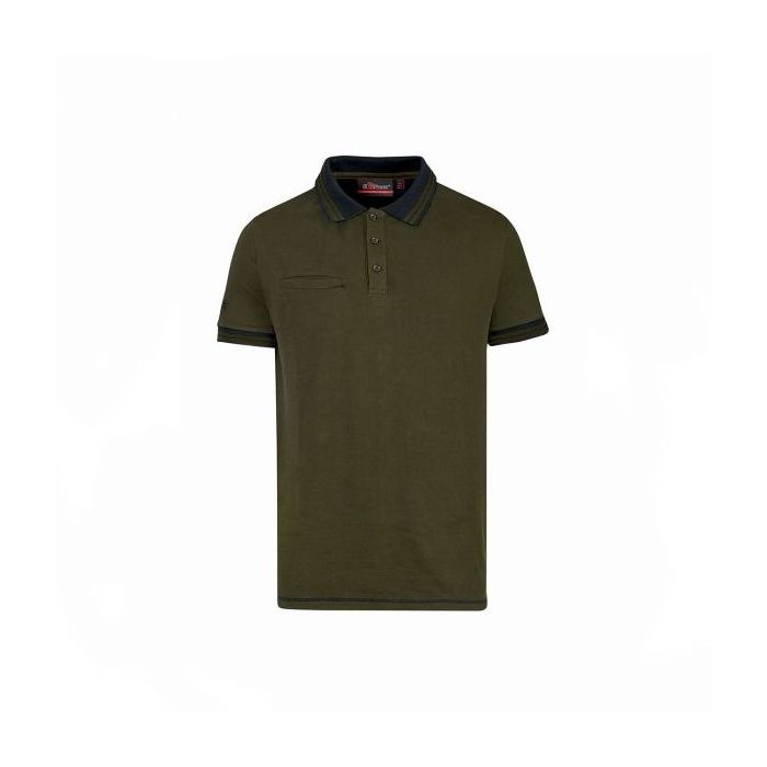 Upower Way Polo Hombre Manga Corta - Talla XL - Algodon Stretch, Ajuste Slim Fit, Ribetes en Contraste, Cierre Tres Botones, Aberturas Laterales, Proteccion DPI1 - Color Verde Oscuro