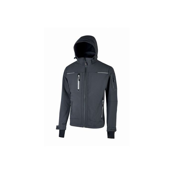 Upower Space Chaqueta Softshell - Talla 2XL - Membrana U-Tex, Impermeable y Transpirable, Forro Micropolar, Capucha Desmontable, Bolsillos Avanzados, Proteccion DPI1 - Color Gris Asfalto