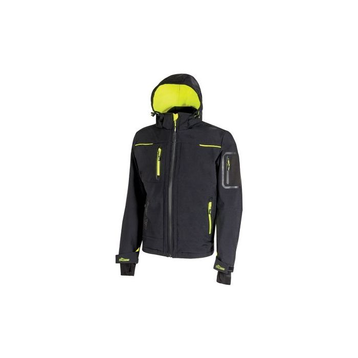 Upower Space Chaqueta Softshell Impermeable - Talla 2XL - Transpirable, a Prueba de Viento, Forro Micropolar, Capucha Desmontable, Bolsillos con Cremalleras Fluorescentes, Proteccion DPI1 - Color Negro Carbon