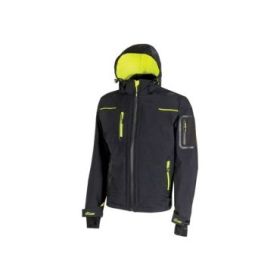 Upower Space Chaqueta Softshell - Talla M - Membrana U-Tex, Repelente al Agua, a Prueba de Viento, Forro Micropolar, Capucha Desmontable, Cremalleras Fluorescentes, Proteccion DPI1 - Color Negro Carbon