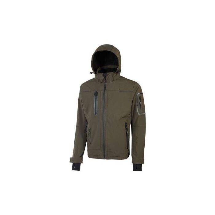 Upower Space Chaqueta Softshell - Talla 4XL - Repelente al Agua, a Prueba de Viento, Forro Micropolar, Capucha Desmontable, Cremalleras Fluorescentes, Proteccion DPI1 - Color Verde Oscuro