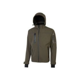 Upower Space Chaqueta Softshell Impermeable - Talla XL - Transpirable, a Prueba de Viento, Forro Micropolar, Capucha Desmontable, Bolsillos con Cremalleras Fluorescentes, Proteccion DPI1 - Color Verde Oscuro
