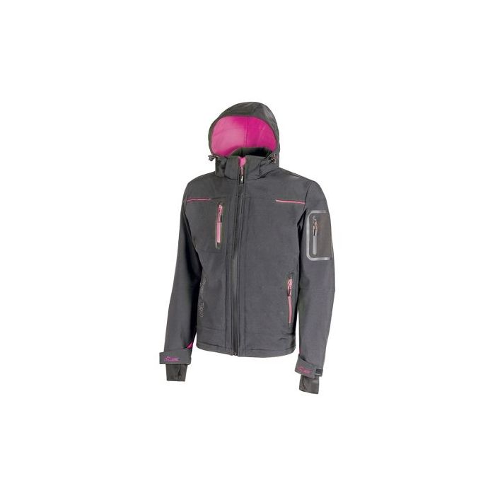 Upower Space Lady Chaqueta Softshell - Talla 2XL - Membrana U-Tex, Impermeable, a Prueba de Viento, Transpirable, Forro Micropolar, Capucha Desmontable, Bolsillos Avanzados, Proteccion DPI1 - Color Gris Fucsia