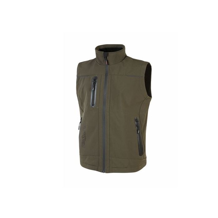 Upower Universe Chaleco Softshell Impermeable - Talla M - Transpirable, Resistente al Viento, Forro Micropolar, Bolsillo Free Sound, Detalles Reflectantes, Proteccion DPI1 - Color Verde Oscuro