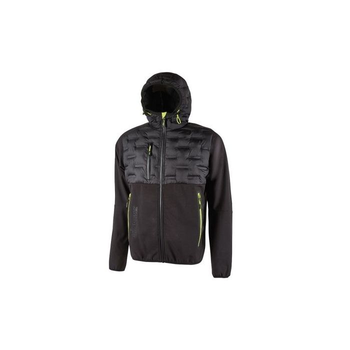 Upower Spock Chaqueta Hibrida Transpirable y Antiviento - Talla 4XL - Cierre Impermeable, Capucha Ajustable, Plumon sin Costuras, Bolsillos Fluorescentes, Proteccion DPI1 - Color Negro Carbon
