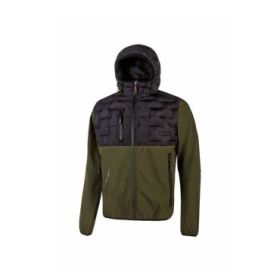 Upower Spock Chaqueta Hibrida Transpirable y Antiviento - Talla L - Cremallera Impermeable, Capucha Ajustable, Plumon Acolchado sin Costuras, Bolsillos Fluorescentes, Proteccion DPI1 - Color Verde Oscuro