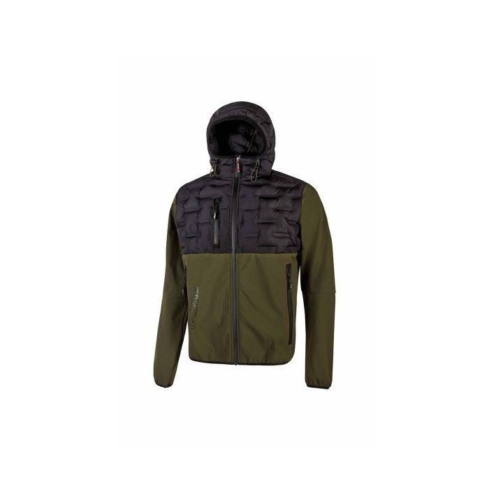 Upower Spock Chaqueta Hibrida Transpirable y Antiviento - Talla M - Cremallera Impermeable, Capucha Ajustable, Plumon Acolchado sin Costuras, Bolsillos Fluorescentes, Proteccion DPI1 - Color Verde Oscuro