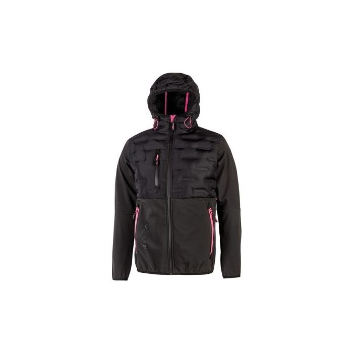 Upower Spock Lady Chaqueta Hibrida de Mujer - Talla L - Transpirable y Antiviento, Capucha Ajustable, Puños Elastizados, Multibolsillos, Proteccion DPI1, Diseño Moderno con Detalles Fluor - Color Gris Fucsia