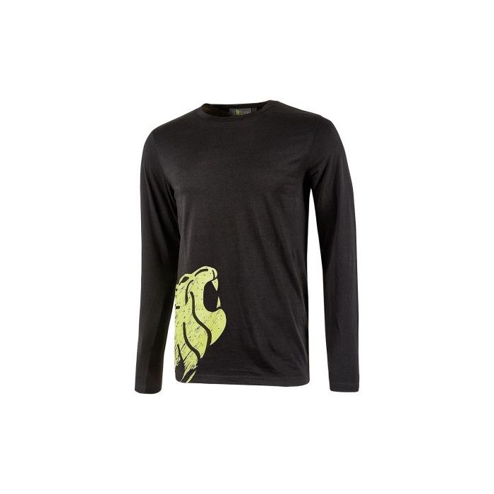Upower Alien Camiseta de Manga Larga en Algodon - Talla S - Corte Ajustado, Cuello Redondo Acanalado, Impresion Serigrafica Cabeza de Leon, Proteccion DPI1 - Color Negro Carbon
