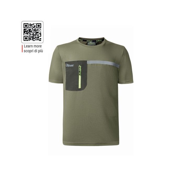 Upower Christal Camiseta Hombre con Termorregulacion Inteligente - Talla 2XL - Efecto Antimicrobiano, Detalles Reflectantes, Bolsillo con Cremallera, Proteccion DPI1 - Color Verde Oliva