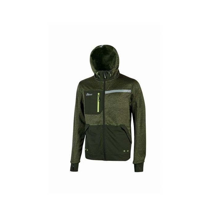 Upower Galaxy Sudadera de Trabajo con Cremallera - Talla XL - Transpirable y de Secado Rapido, Capucha Ajustable, Bolsillos con Drenaje, Bandas Reflectantes, Proteccion DPI1 - Color Verde Oscuro