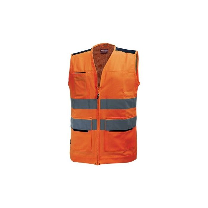 Upower Smart Chaleco Multifuncional - Talla M - Bolsillos con Portatarjetas Retractil, Cintura Ajustable, Malla Transpirable, Tiras Reflectantes, Triple Costuras, Proteccion DPI2 - Color Naranja Fluorescente