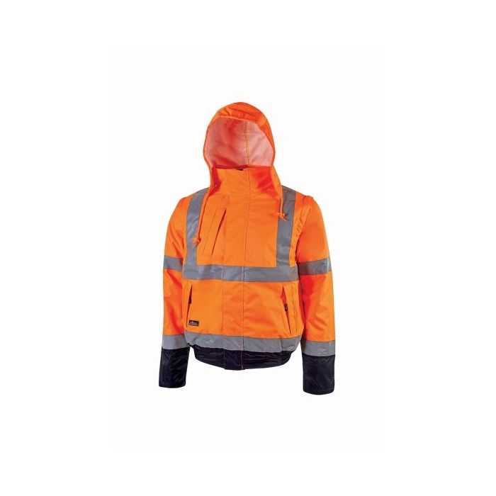 Upower Crafty Cazadora Bomber Alta Visibilidad - Talla L - Mangas Separables, Bandas Reflectantes, Antilluvia, Transpirable, Impermeable, Capucha Plegable, Proteccion DPI3 - Color Naranja Fluorescente