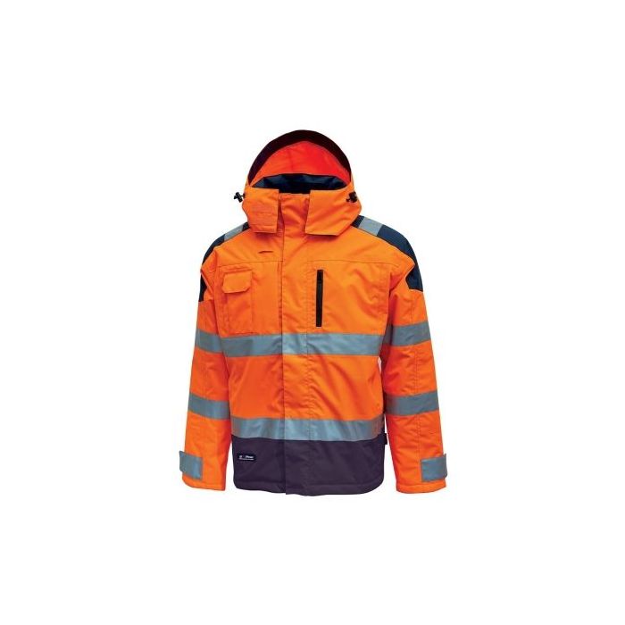 Upower Defender Parka Anti-Lluvia Impermeable y Transpirable - Talla 2XL - Rayas Reflectantes, Multiples Bolsillos Espaciosos, Capucha Ajustable y Desmontable, Proteccion DPI3 - Color Naranja Fluorescente