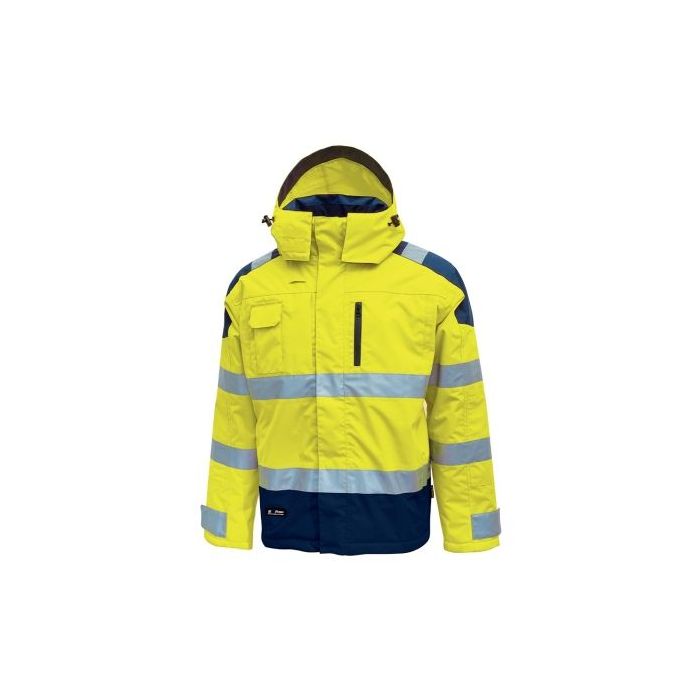 Upower Defender Parka Anti-Lluvia Impermeable y Transpirable - Talla M - Reflectantes en Busto y Mangas, Bolsillo Multimedia con Free Sound, Capucha Desmontable, Proteccion DPI3 - Color Amarillo Fluorescente