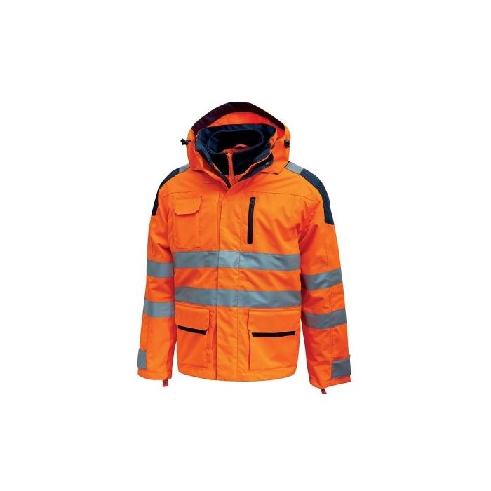 Upower Backer Parka Impermeable y Transpirable - Talla L - Detalles Reflectantes, Multiples Bolsillos Practicos, Capucha Ajustable y Desmontable, Interior Termico, Proteccion DPI3 - Color Naranja Fluorescente