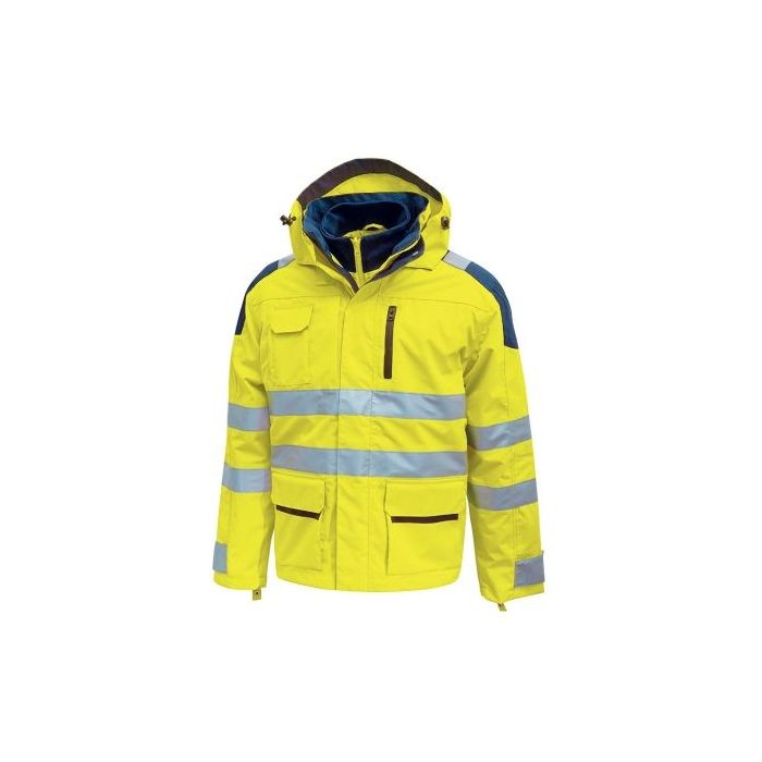 Upower Backer Parka Impermeable y Transpirable - Talla 3XL - Detalles Reflectantes, Multiples Bolsillos Funcionales, Capucha Desmontable, Proteccion DPI3, Micro-Fleece en Cuello - Color Amarillo Fluorescente