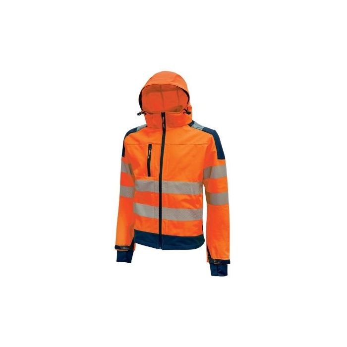 Upower Miky Chaqueta Softshell - Talla XL - Transpirable, Elastica, Cortaviento, Repelente al Agua, Capucha Desmontable, Bolsillo para Movil, Detalles Reflectantes, Proteccion DPI2 - Color Naranja Fluorescente