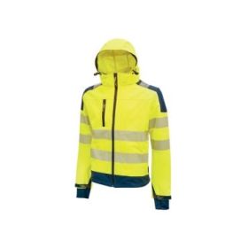 Upower Miky Chaqueta Softshell - Talla S - Transpirable, Elastica, Cortaviento, Repelente al Agua, Capucha Desmontable, Bolsillos con Cremallera, Detalles Reflectantes, Proteccion DPI2 - Color Amarillo Fluorescente