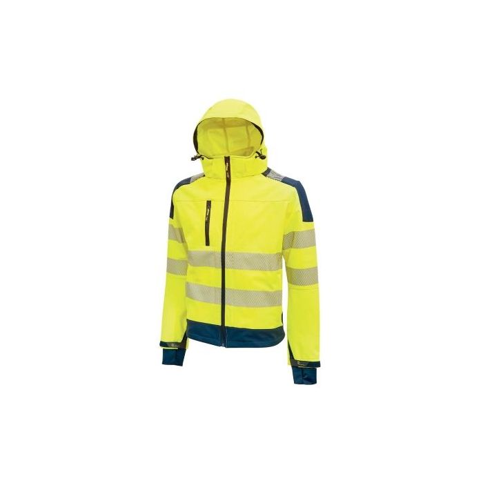 Upower Miky Chaqueta Softshell - Talla XL - Transpirable, Elastica, Cortaviento, Repelente al Agua, Capucha Desmontable, Bolsillos con Cremallera, Detalles Reflectantes, Proteccion DPI2 - Color Amarillo Fluorescente