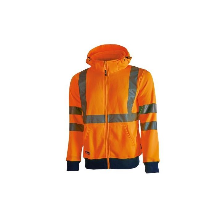 Upower Melody Sudadera Moderna - Talla 3XL - Rayas Reflectantes, Cremallera Central, Cuello Alto, Capuchon Desmontable, Puños Elasticos, Proteccion DPI2, Bolsillos Inferiores - Color Naranja Fluorescente