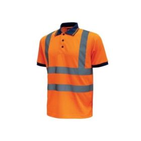 Upower Neon Polo de Manga Corta con Rayas Reflectantes - Talla M - Cuello Tres Botones, Banda para el Sudor, Ventilaciones Laterales, Proteccion DPI2, Comodidad y Durabilidad - Color Naranja Fluorescente