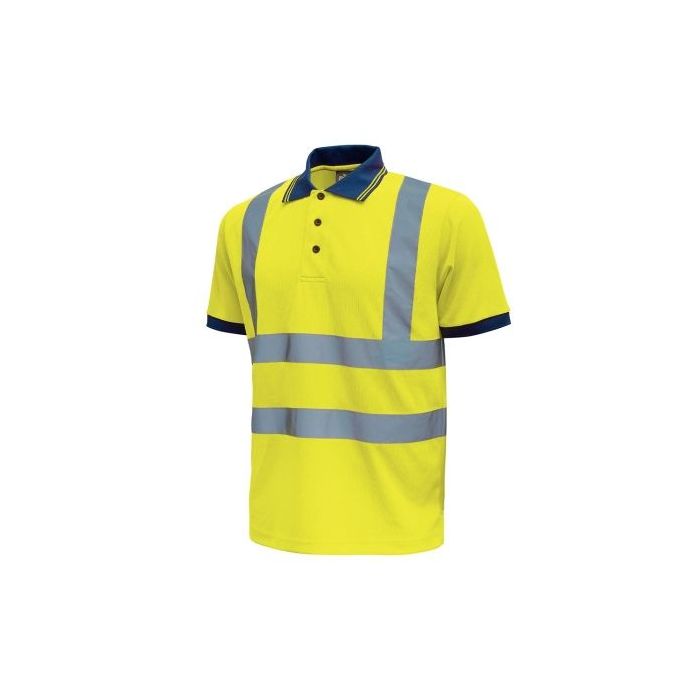Upower Neon Polo de Manga Corta con Detalles Reflectantes - Talla 3XL - Cuello Tres Botones, Banda para el Sudor, Ventilaciones Laterales, Transpirable, Proteccion DPI2 - Color Amarillo Fluorescente