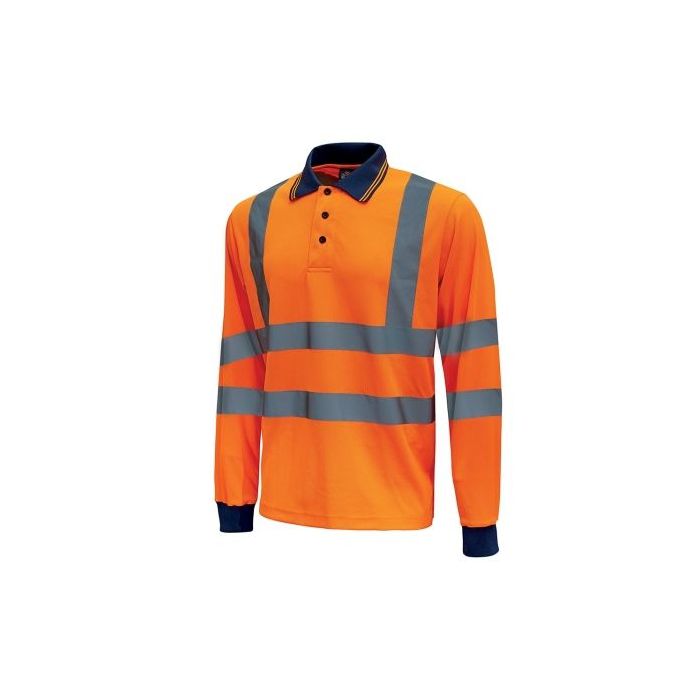 Upower Shine Polo de Manga Larga con Detalles Reflectantes - Talla 4XL - Cuello Cerrado Tres Botones, Ventilaciones Laterales, Banda para el Sudor, Proteccion DPI3, Tela Transpirable - Color Naranja Fluorescente
