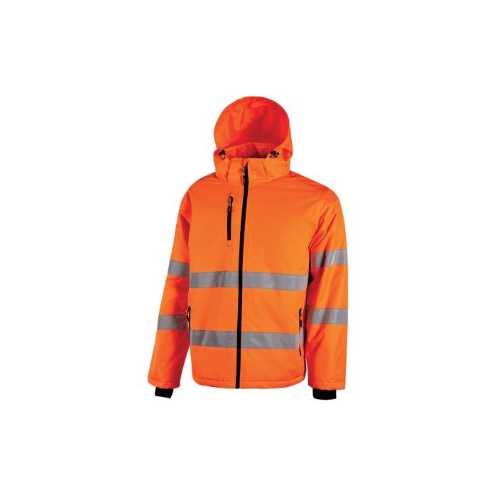 Upower Imai Chaqueta Acolchada de Trabajo - Talla L - Tejido Repelente al Agua, Relleno Calido, Bandas Reflectantes, Capucha Desmontable, Puños Elasticos, Alta Resistencia - Color Naranja Fluorescente