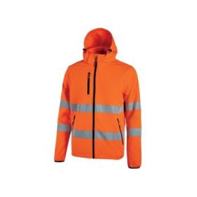 Upower Cursa Chaqueta de Trabajo Softshell Stretch - Talla 5XL - Transpirable, Cortavientos, Repelente al Agua, Bandas Reflectantes, Capucha Desmontable, Multiples Bolsillos, Puños Elasticos - Color Naranja Fluorescente