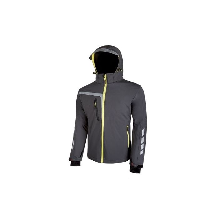 Upower Quick Chaqueta Soft Shell - Talla 4XL - Tejido Elastico Cortavientos Transpirable, Repelente al Agua, Bolsillo Impermeable Free Sound, Capucha Ajustable, Proteccion DPI1 - Color Gris Asfalto