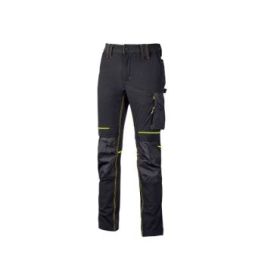 Upower Atom Pantalon de Tejido Stretch - Talla L - Resistente y Transpirable, Repelente al Agua, Bolsillos Multifuncionales, Protector de Rodilla Certificado, Cintura Elastica Ajustable - Color Negro Carbon