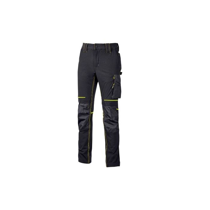 Upower Atom Pantalon de Tejido Stretch - Talla L - Resistente y Transpirable, Repelente al Agua, Bolsillos Multifuncionales, Protector de Rodilla Certificado, Cintura Elastica Ajustable - Color Negro Carbon