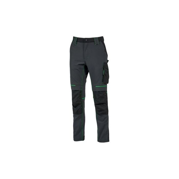 Upower Atom Pantalon de Tejido Stretch - Talla S - Repelente al Agua, Transpirable, Secado Rapido, Bolsillos Multifuncionales, Proteccion Lumbar, Rodilleras Certificadas PPE CAT.1 - Color Gris Asfalto Verdoso