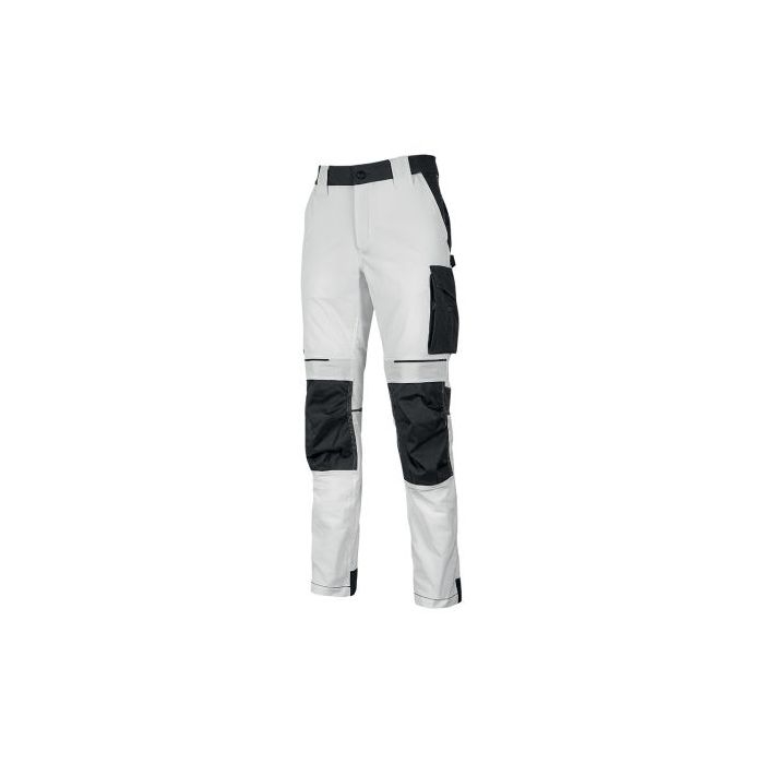 Upower Atom Pantalon de Trabajo - Talla L - Repelente al Agua, Transpirable, Secado Rapido, Bolsillos Multifuncionales, Protector de Rodilla Certificado PPE CAT.1 - Color Blanco