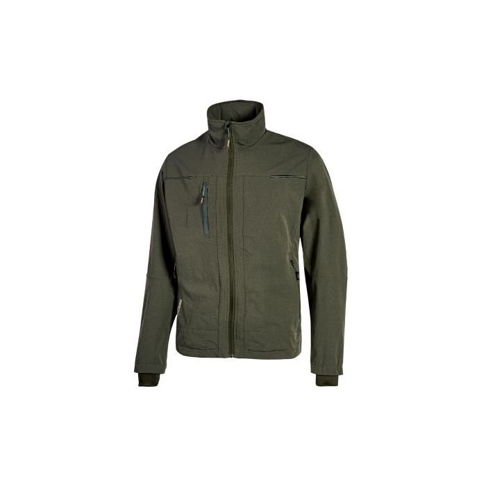 Upower Pluton Chaqueta de Tela Resistente - Talla 6XL - Suave, Repelente al Agua, Transpirable, Secado Rapido, Multiples Bolsillos, Capuchon Ajustable, Puños a Prueba de Viento, Proteccion DPI1 - Color Verde Oscuro